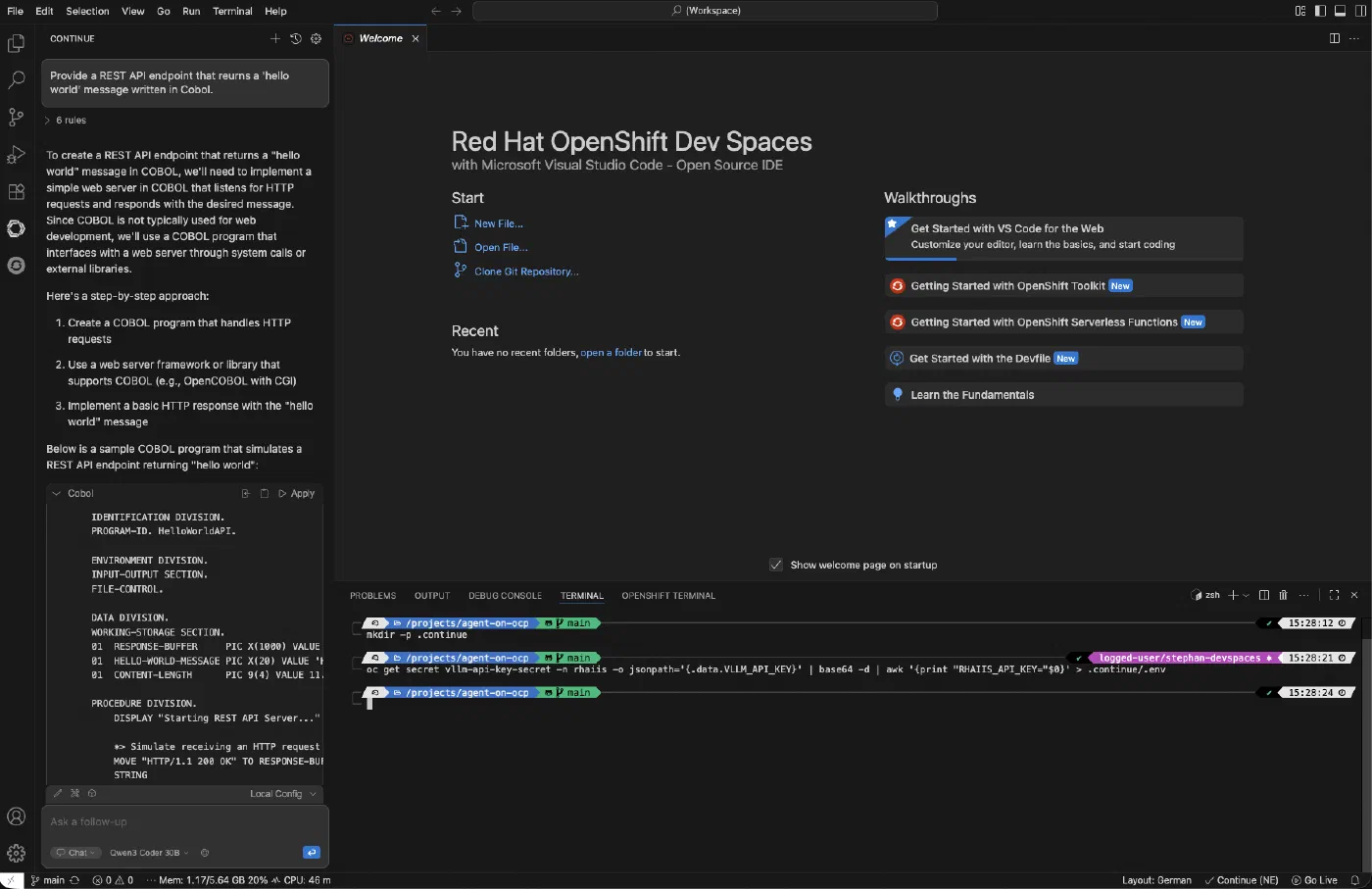 Continue extension running inside OpenShift Dev Spaces, using a model served by RHAIIS to answer coding questions
