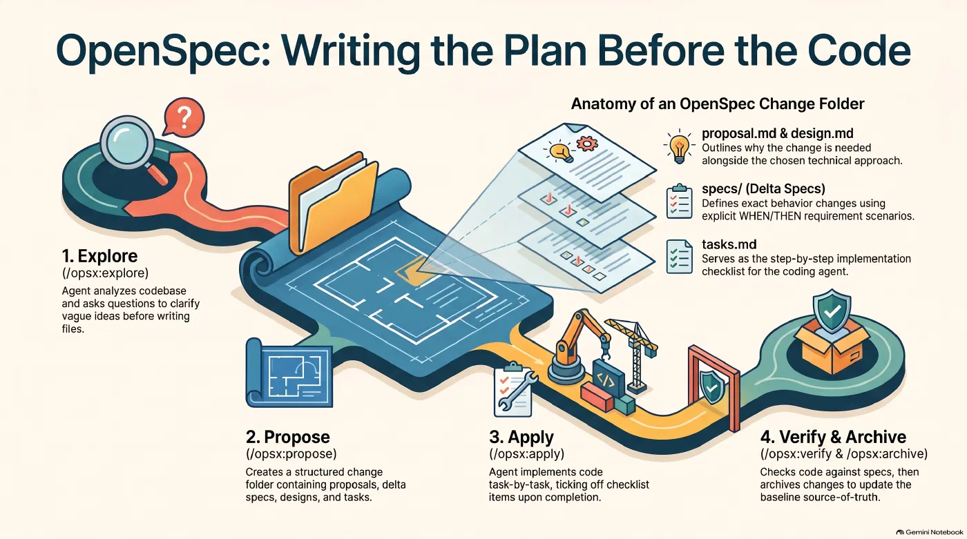 The OpenSpec workflow from explore to archive, and what goes into a change folder - AI generated